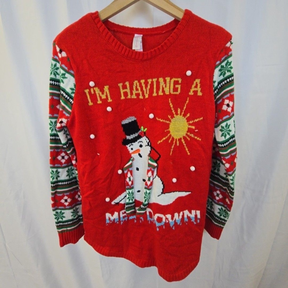 No Boundaries Sweater Juniors 2XL Red Snowman Meltdown Ugly Christmas Fair Isle